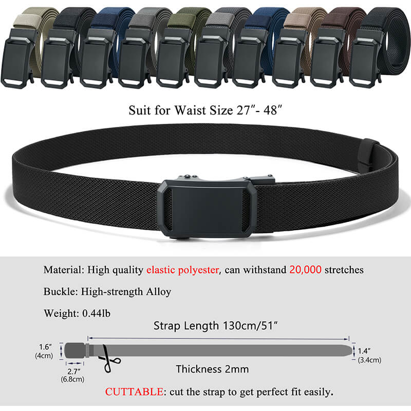 LionVII Ratchet Elastic Stretch Belts, 1 3/8" Slide Belt for Men with Automatic Buckle for Men Dress, Adjustable Trim to Fit 28-49" Waist