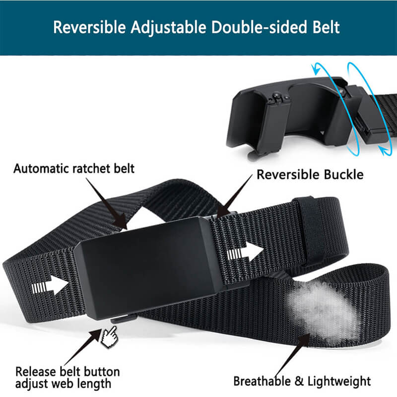 Ratchet Belts Rotatable Buckle, 2 Colors in 1 Double-sided 1 3/8" Nylon Strap, Trim to Fit 27- 46"Waist