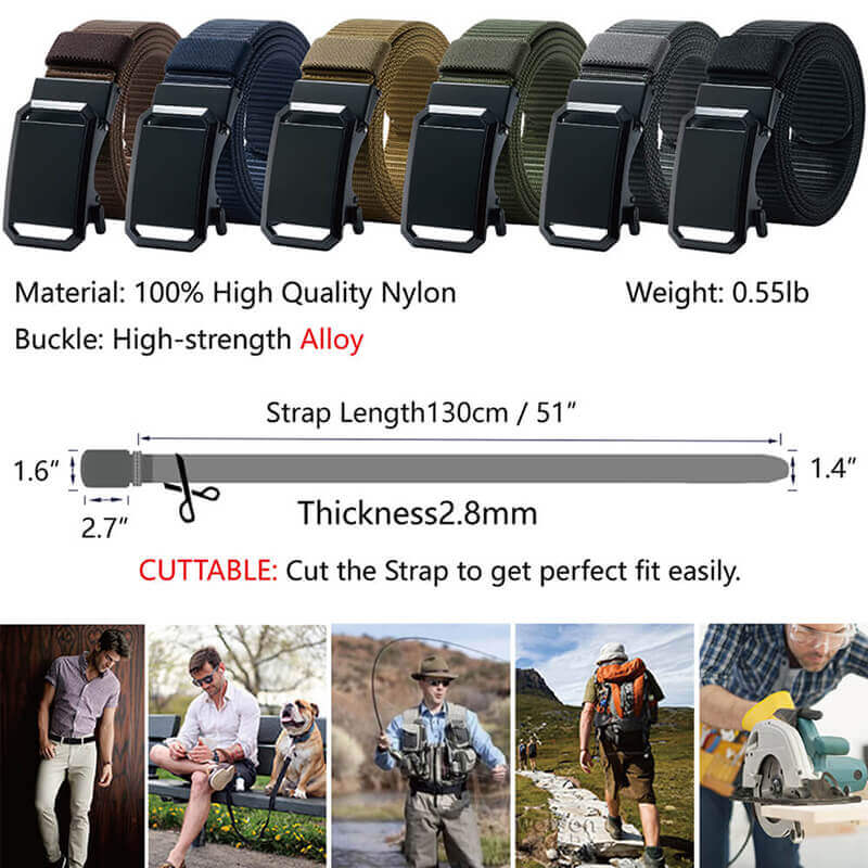 Ratchet Belts for Men, 1 3/8" Nylon Fabric Strap Belt with Click Buckle, Adjustable Trim to Fit 27- 46" Waist - LionVII