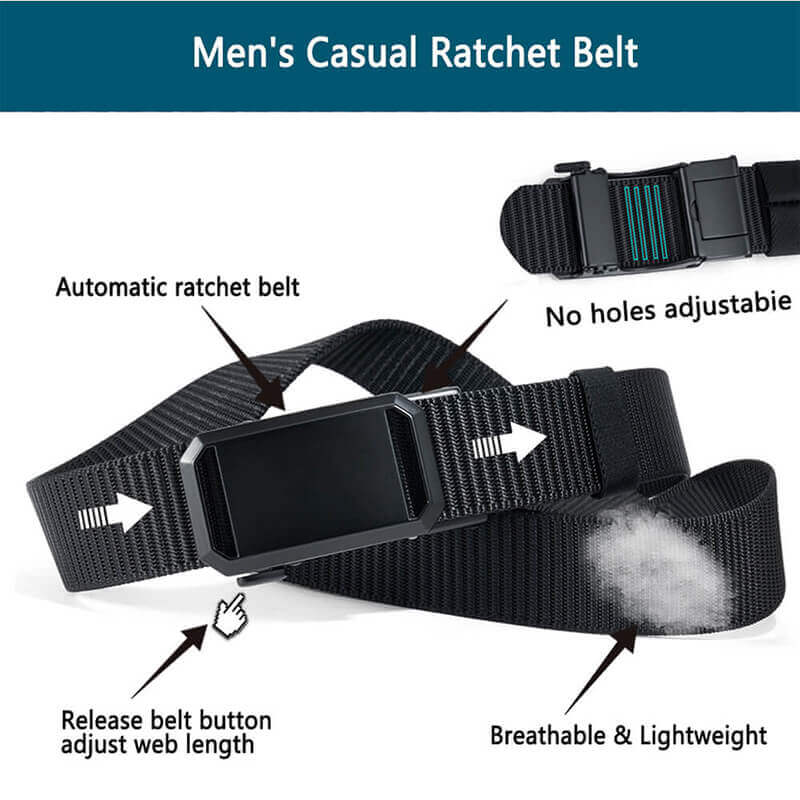 Ratchet Belts for Men, 1 3/8" Nylon Fabric Strap Belt with Click Buckle, Adjustable Trim to Fit 27- 46" Waist - LionVII