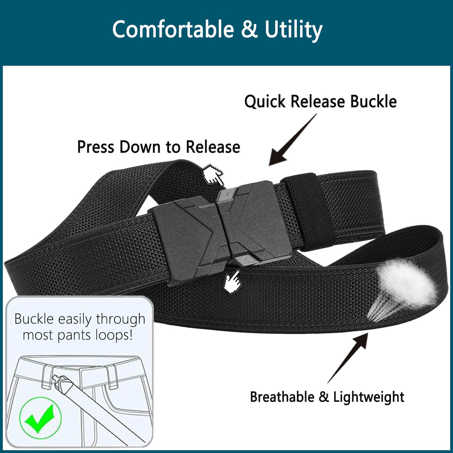 LionVII Quick Release Elastic Belt, Men Stretch Belts with Buckle Fit Through Belt Loops, Adjustable Trim to Fit 28-48" Waist