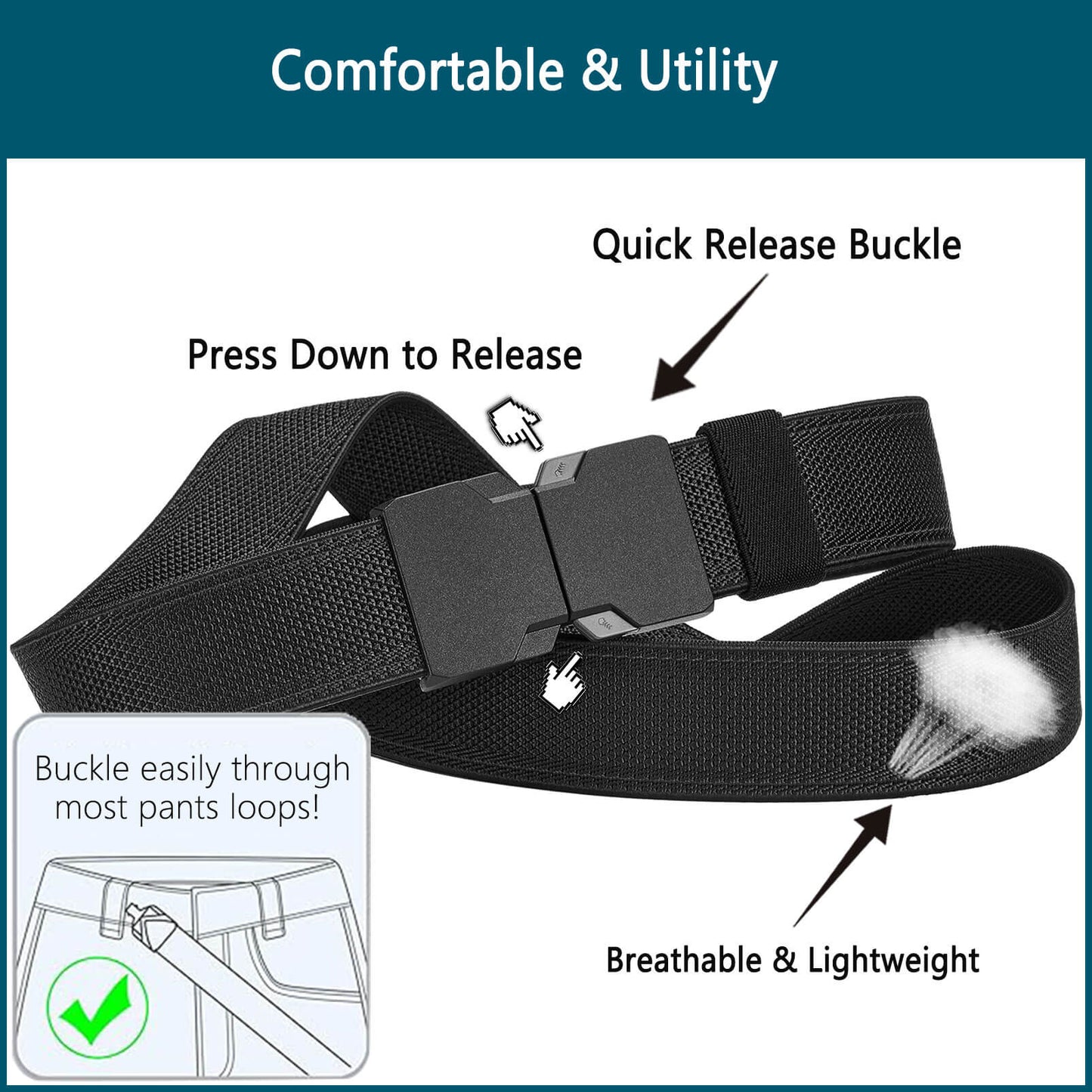 LionVII Elastic Men Belt, Stretch Belts with Quick Release Buckle Fit Through Belt Loops, Adjustable Trim to Fit 28-48" Waist