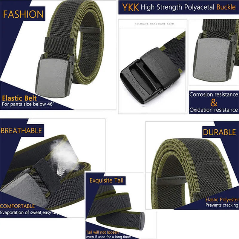 LionVII Men's Elastic Stretch Belts with YKK Plastic Buckle for Travel Work Sports, Trim to Fit 27-46' Waist - Product Features:

Corrosion resistance, Oxidation resistance;

High-tensile Elastic Polyester (supp - LionVII Professional Gear