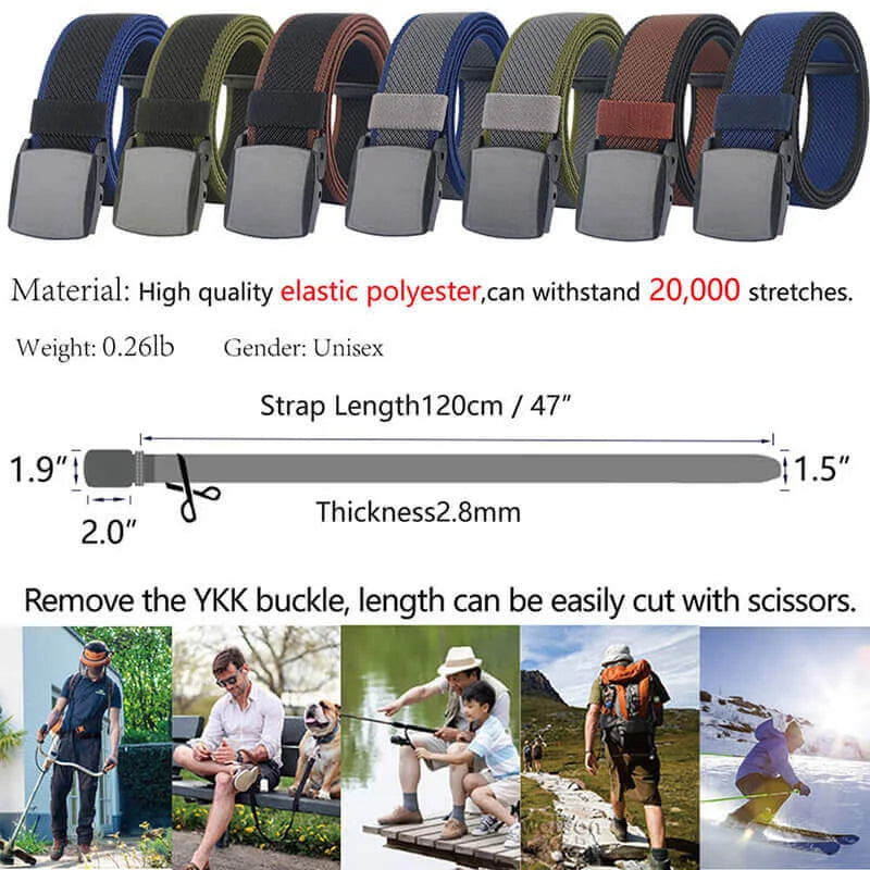 LionVII Men's Elastic Stretch Belts with YKK Plastic Buckle for Travel Work Sports, Trim to Fit 27-46' Waist - Product Features:

Corrosion resistance, Oxidation resistance;

High-tensile Elastic Polyester (supp - LionVII Professional Gear