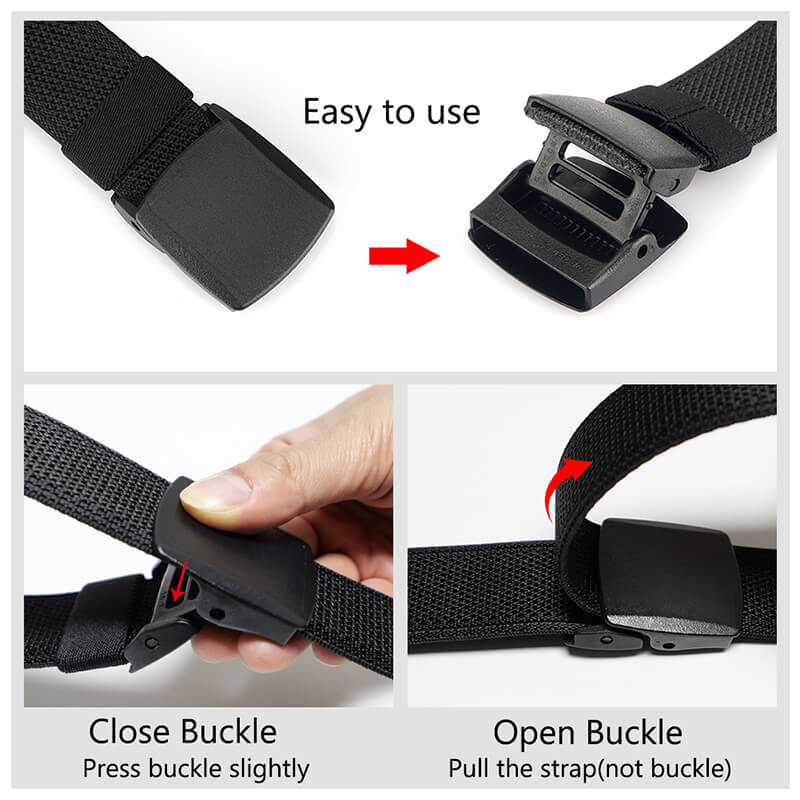 LionVII Men's Web Belts Easy to Use, Press Buckle slightly to close buckle, pull the belt strap to open buckle.