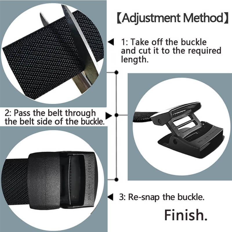 Men's belts can be adjust for exact fit, disconnect the buckle, pull out the strap, trim to perfact size, reconnect